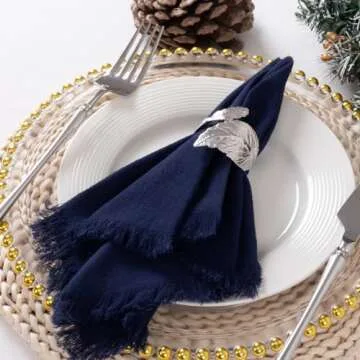 DeZerlor 6 Pack Navy Blue Cotton Linen Napkins with Fringe Spring Cloth Napkins Set of 6 Boho Handmade Dinner Easter Napkins Bulk for Navy Bridal Shower Wedding Baby Shower, 17 x 17 Inches