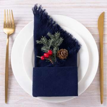 DeZerlor 6 Pack Navy Blue Cotton Linen Napkins with Fringe Spring Cloth Napkins Set of 6 Boho Handmade Dinner Easter Napkins Bulk for Navy Bridal Shower Wedding Baby Shower, 17 x 17 Inches