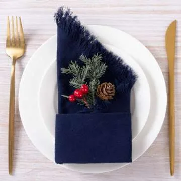 DeZerlor 6 Pack Navy Blue Cotton Linen Napkins with Fringe Spring Cloth Napkins Set of 6 Boho Handmade Dinner Easter Napkins Bulk for Navy Bridal Shower Wedding Baby Shower, 17 x 17 Inches