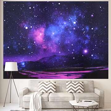 HoneyDec Blacklight Blue Space Wall Tapestry,Large Purple Galaxy Black Light Tapestries Backdrop Hanging Tapestrys Party Decor For Bedroom Living Room Dorm