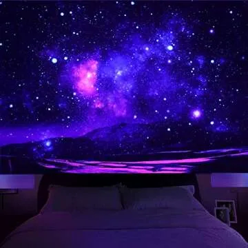 HoneyDec Blacklight Blue Space Wall Tapestry,Large Purple Galaxy Black Light Tapestries Backdrop Hanging Tapestrys Party Decor For Bedroom Living Room Dorm