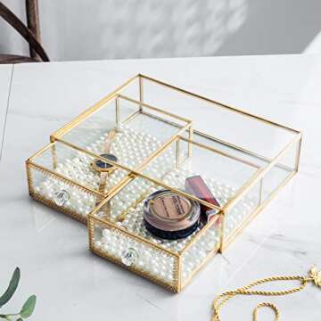 Antique Beauty Display Clear Glass 2 Drawers Palette Organizer, Cosmetic Storage, Makeup Container 2...