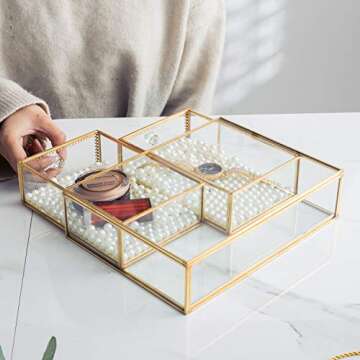 Antique Beauty Display Clear Glass 2 Drawers Palette Organizer, Cosmetic Storage, Makeup Container 2 Cube Jewelry Case Holder/Beauty Dresser Vanity Cabinet Decorative Keepsake Box