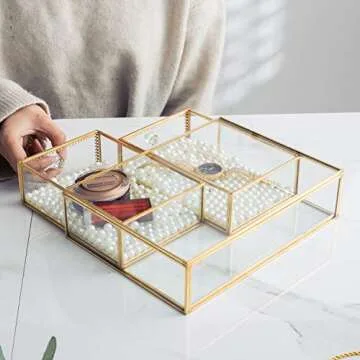 Antique Beauty Display Clear Glass 2 Drawers Palette Organizer, Cosmetic Storage, Makeup Container 2 Cube Jewelry Case Holder/Beauty Dresser Vanity Cabinet Decorative Keepsake Box