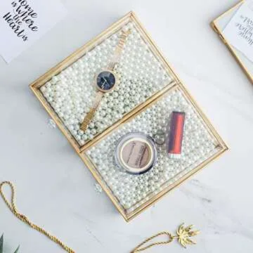 Antique Beauty Display Clear Glass 2 Drawers Palette Organizer, Cosmetic Storage, Makeup Container 2 Cube Jewelry Case Holder/Beauty Dresser Vanity Cabinet Decorative Keepsake Box