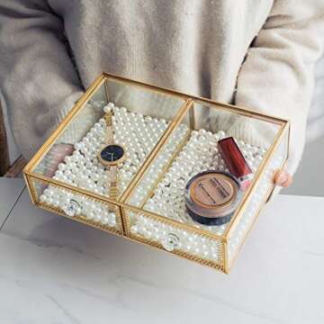 Antique Beauty Display Clear Glass 2 Drawers Palette Organizer, Cosmetic Storage, Makeup Container 2 Cube Jewelry Case Holder/Beauty Dresser Vanity Cabinet Decorative Keepsake Box