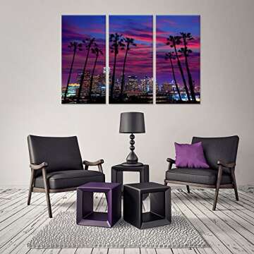 iHAPPYWALL 3 Piece USA Los Angeles Landscape Canvas Wall Art Purple New York Night City Lights Citys...