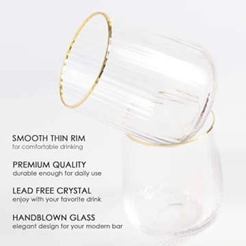 Lysenn Stemless Wine Glasses Set of 4 - Premium Hand Blown Drinking Glasses for White and Red Wine - Elegant Vertical Stripe and Gold Rim Design - Clear 15oz