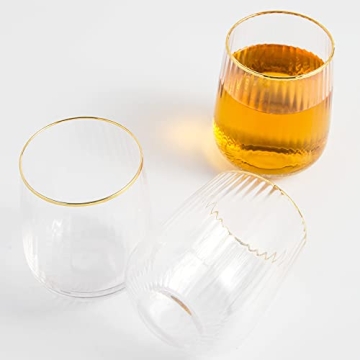 Lysenn Stemless Wine Glasses Set of 4 - Premium Hand Blown Drinking Glasses for White and Red Wine - Elegant Vertical Stripe and Gold Rim Design - Clear 15oz