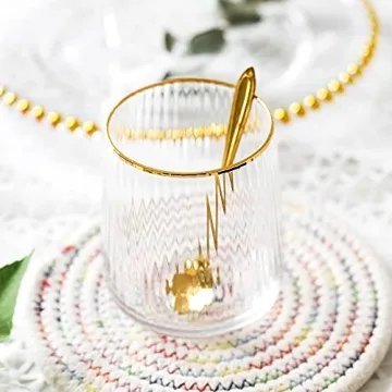 Lysenn Stemless Wine Glasses Set of 4 - Premium Hand Blown Drinking Glasses for White and Red Wine - Elegant Vertical Stripe and Gold Rim Design - Clear 15oz