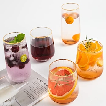 Lysenn Stemless Wine Glasses Set of 4 - Premium Hand Blown Drinking Glasses for White and Red Wine - Elegant Vertical Stripe and Gold Rim Design - Clear 15oz