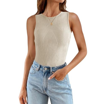 ZESICA Womens Ribbed Tank Tops Summer Sleeveless High Neck Casual Slim Fitted Basic Knit Shirts,Sand...