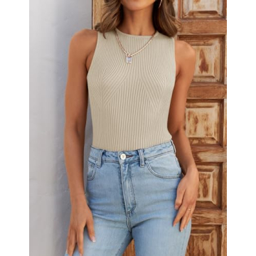 ZESICA Womens Ribbed Tank Tops Summer Sleeveless High Neck Casual Slim Fitted Basic Knit Shirts,Sand,Medium