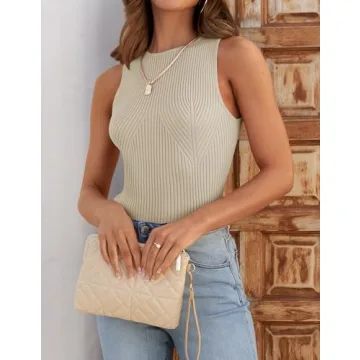 ZESICA Womens Ribbed Tank Tops Summer Sleeveless High Neck Casual Slim Fitted Basic Knit Shirts,Sand,Medium