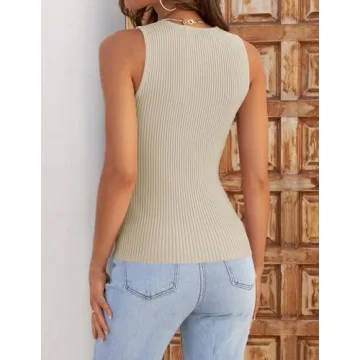 ZESICA Womens Ribbed Tank Tops Summer Sleeveless High Neck Casual Slim Fitted Basic Knit Shirts,Sand,Medium