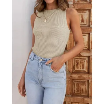 ZESICA Womens Ribbed Tank Tops Summer Sleeveless High Neck Casual Slim Fitted Basic Knit Shirts,Sand,Medium
