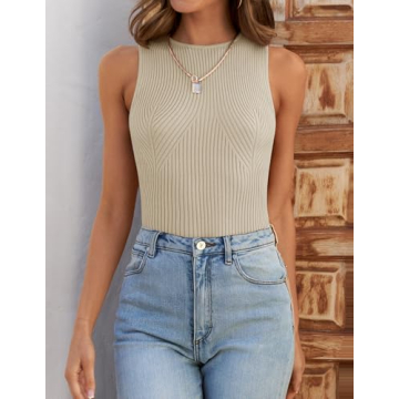 ZESICA Womens Ribbed Tank Tops Summer Sleeveless High Neck Casual Slim Fitted Basic Knit Shirts,Sand,Medium