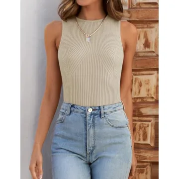 ZESICA Womens Ribbed Tank Tops Summer Sleeveless High Neck Casual Slim Fitted Basic Knit Shirts,Sand,Medium