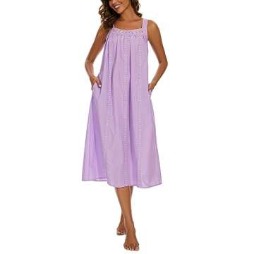 YOZLY Cotton Nightgowns for Women Embroidery Sleeveless Night Gown with Pockets, Purple, X-Large