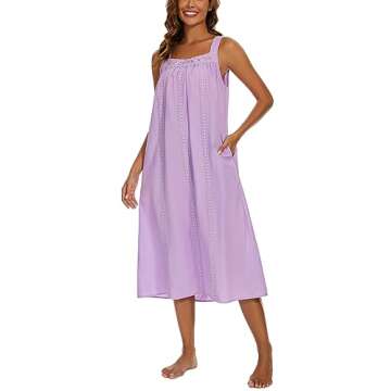 YOZLY Cotton Nightgowns for Women Embroidery Sleeveless Night Gown with Pockets, Purple, X-Large