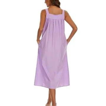 YOZLY Cotton Nightgowns for Women Embroidery Sleeveless Night Gown with Pockets, Purple, X-Large