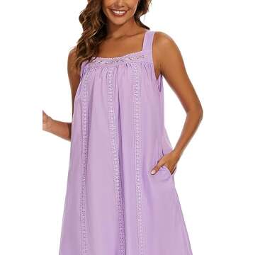 YOZLY Cotton Nightgowns for Women Embroidery Sleeveless Night Gown with Pockets, Purple, X-Large