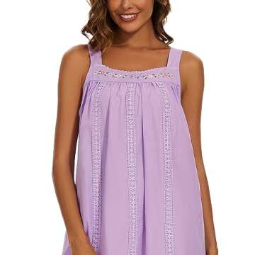 YOZLY Cotton Nightgowns for Women Embroidery Sleeveless Night Gown with Pockets, Purple, X-Large