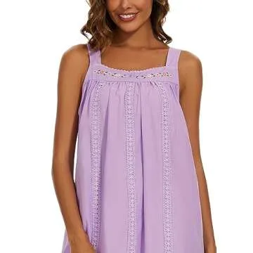YOZLY Cotton Nightgowns for Women Embroidery Sleeveless Night Gown with Pockets, Purple, X-Large