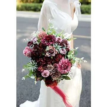 Serra Flora Artificial Flowers Combo Dahlia 25pcs Silk Fake Flowers Roses for DIY Wedding Bouquets Burgundy Centerpieces Arrangements Party Bridal Baby Shower Home Decorations(Burgundy)