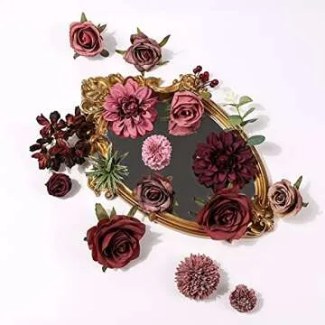 Serra Flora Artificial Flowers Combo Dahlia 25pcs Silk Fake Flowers Roses for DIY Wedding Bouquets Burgundy Centerpieces Arrangements Party Bridal Baby Shower Home Decorations(Burgundy)