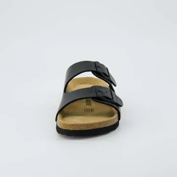 CUSHIONAIRE Lane Cork Footbed Sandals for Women – Comfortable Double Buckle Slip-On with Genuine Suede Footbed & Arch Support Slides for Women Footwear, BLACK 9