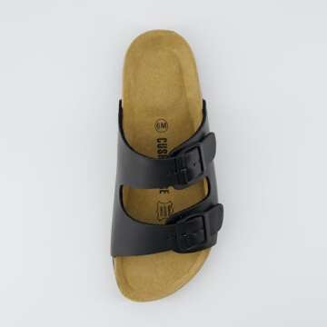 CUSHIONAIRE Lane Cork Footbed Sandals for Women – Comfortable Double Buckle Slip-On with Genuine Suede Footbed & Arch Support Slides for Women Footwear, BLACK 9