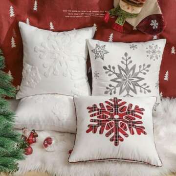 Lewondr Christmas Throw Pillow Cover, 2 Pack Snowflake Embroidery Decorative Throw Pillow Case Linen Sofa Cushion Cover for Party Thanksgiving Day Xmas Decor 18"x18"(45x45cm) - White