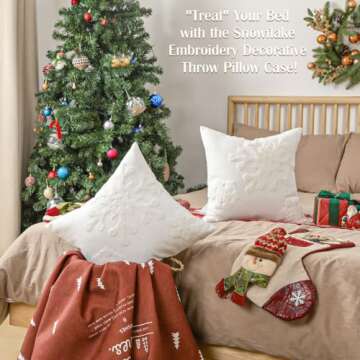 Lewondr Christmas Throw Pillow Cover, 2 Pack Snowflake Embroidery Decorative Throw Pillow Case Linen Sofa Cushion Cover for Party Thanksgiving Day Xmas Decor 18"x18"(45x45cm) - White