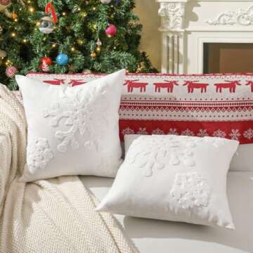 Lewondr Christmas Throw Pillow Cover, 2 Pack Snowflake Embroidery Decorative Throw Pillow Case Linen Sofa Cushion Cover for Party Thanksgiving Day Xmas Decor 18"x18"(45x45cm) - White