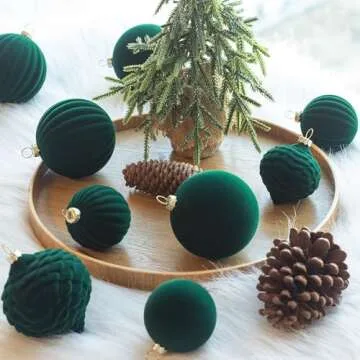 KI Store Velvet Christmas Balls Green 25pcs Flocked Christmas Tree Ornaments Assortment for Xmas Tree Holiday Decor