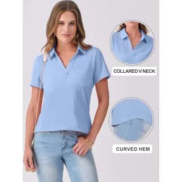 ANRABESS Womens V Neck Polo Shirts Short Sleeve Collared Dressy Casual Blouse Tops 2025 Summer Work Business Outfits Light Blue Large