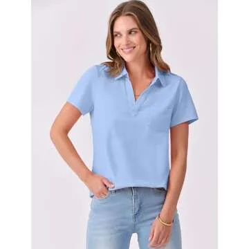 ANRABESS Womens V Neck Polo Shirts Short Sleeve Collared Dressy Casual Blouse Tops 2025 Summer Work Business Outfits Light Blue Large
