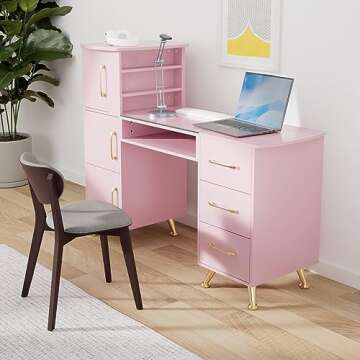 BarberPub Manicure Table, Nail Makeup Desk with Drawers, Storage Beauty Salon Workstation 2611 (Pink...