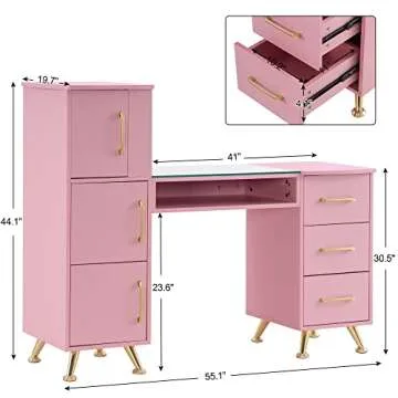 BarberPub Manicure Table, Nail Makeup Desk with Drawers, Storage Beauty Salon Workstation 2611 (Pink)