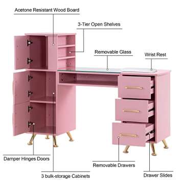 BarberPub Manicure Table, Nail Makeup Desk with Drawers, Storage Beauty Salon Workstation 2611 (Pink)