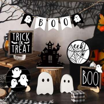 Umigy 15 Pcs Halloween Tiered Tray Decor Set Cute Ghost Tray Decorations Halloween Wooden Signs Farm...