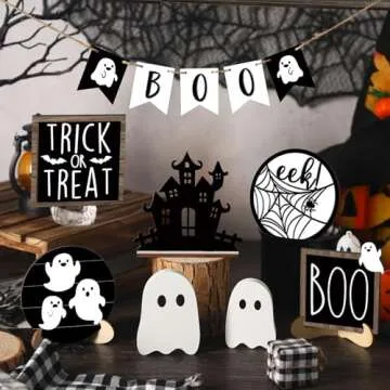 Umigy 15 Pcs Halloween Tiered Tray Decor Set Cute Ghost Tray Decorations Halloween Wooden Signs Farm...