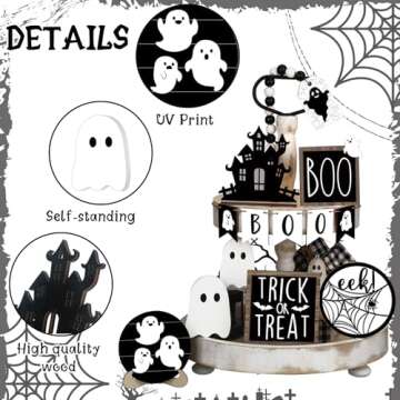 Umigy 15 Pcs Halloween Tiered Tray Decor Set Cute Ghost Tray Decorations Halloween Wooden Signs Farmhouse Rustic Tiered Tray Decoration Items for Home Table Halloween Party Supplies(Black)