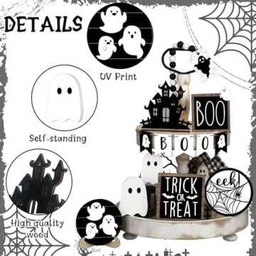 Umigy 15 Pcs Halloween Tiered Tray Decor Set Cute Ghost Tray Decorations Halloween Wooden Signs Farmhouse Rustic Tiered Tray Decoration Items for Home Table Halloween Party Supplies(Black)