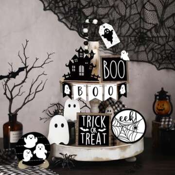 Umigy 15 Pcs Halloween Tiered Tray Decor Set Cute Ghost Tray Decorations Halloween Wooden Signs Farmhouse Rustic Tiered Tray Decoration Items for Home Table Halloween Party Supplies(Black)