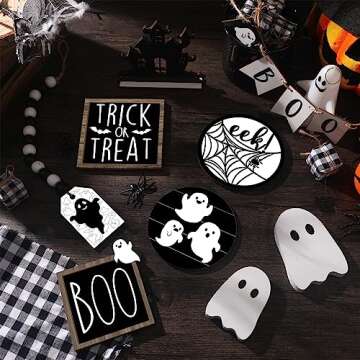 Umigy 15 Pcs Halloween Tiered Tray Decor Set Cute Ghost Tray Decorations Halloween Wooden Signs Farmhouse Rustic Tiered Tray Decoration Items for Home Table Halloween Party Supplies(Black)
