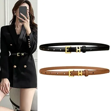 Stylish SPOMUNT Women Gold H Skinny Leather Belt - Affordable Elegance