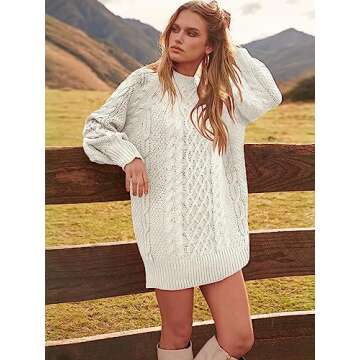 ANRABESS Women Long Sleeve Oversized Cable Knit Chunky Baggy Loose Pullover Tunic Mini Sweater Dress 2024 Trendy Fall Outfits White Medium