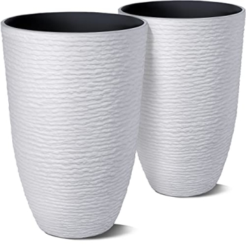 Worth Garden 2-Pack 21" H. White Tall Planters - 14'' Dia Resin Large Round Flower Pots for Outdoor ...